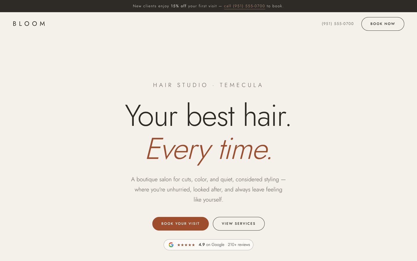 Homepage preview of the Bloom Hair Studio hair salon website demo