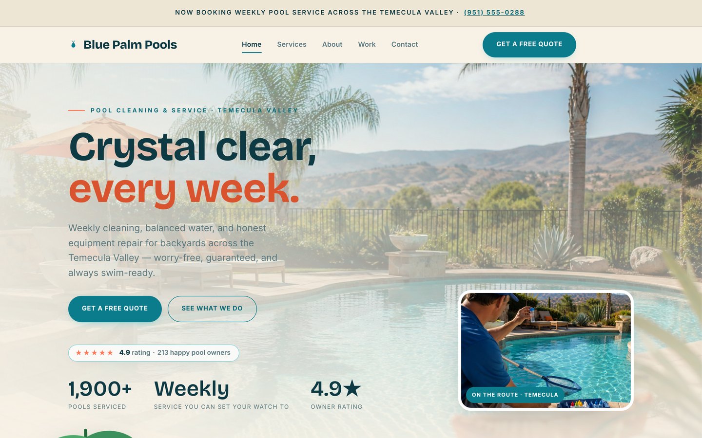 Homepage preview of the Blue Palm Pools five-page website demo