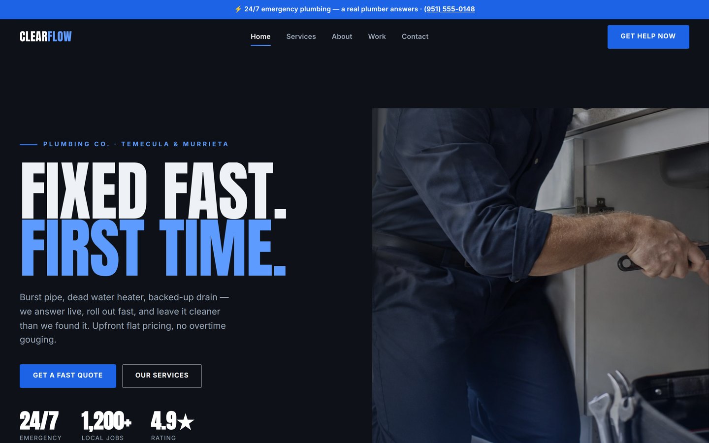 Homepage preview of the Clear Flow Plumbing five-page website demo