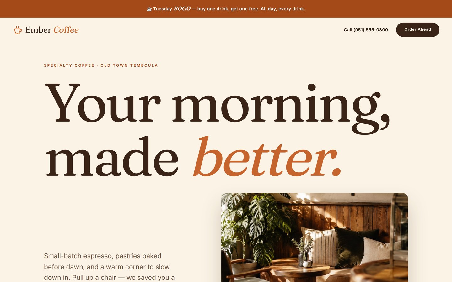 Homepage preview of the Ember Coffee Co. coffee shop website demo