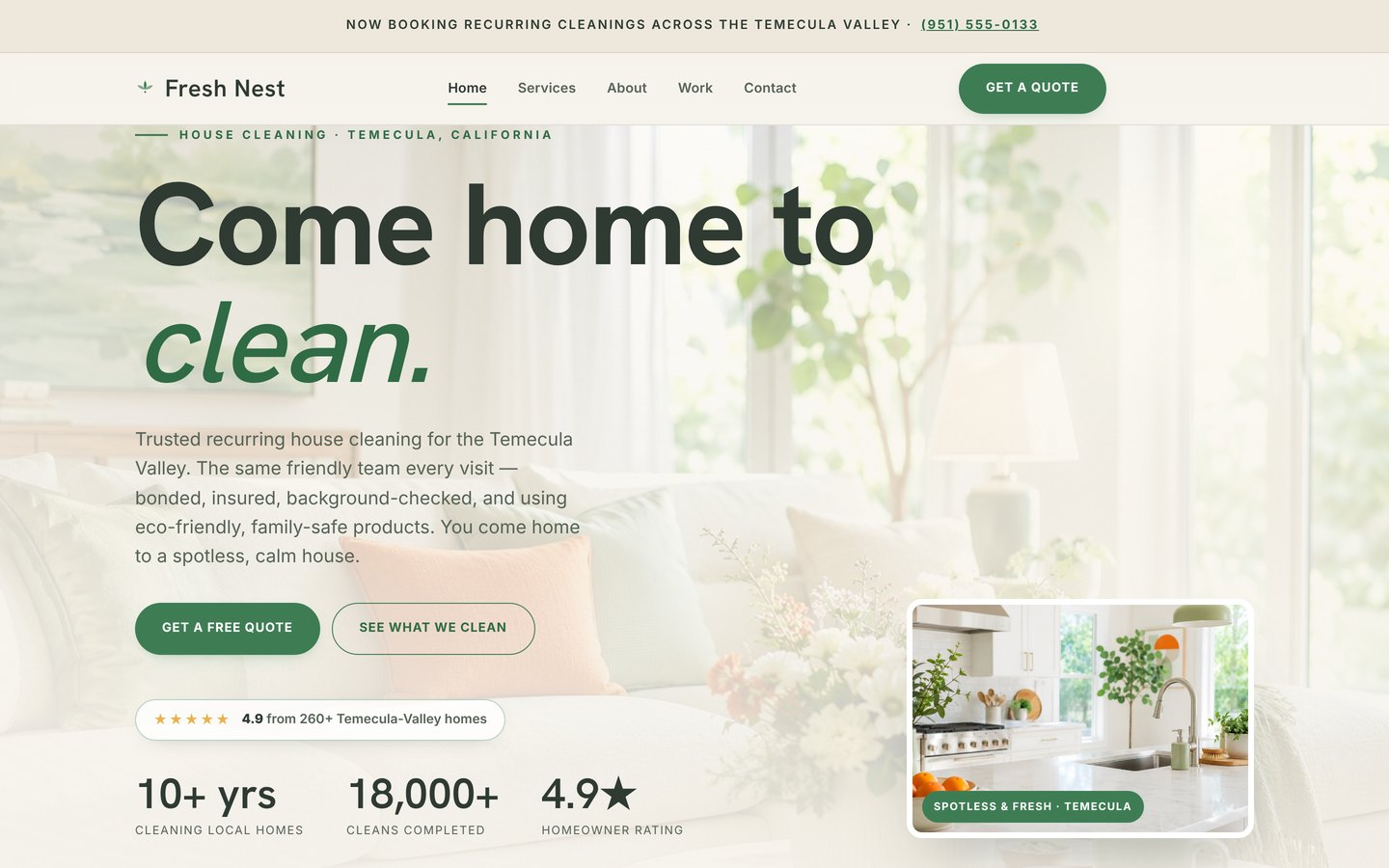 Homepage preview of the Fresh Nest Home Cleaning five-page website demo