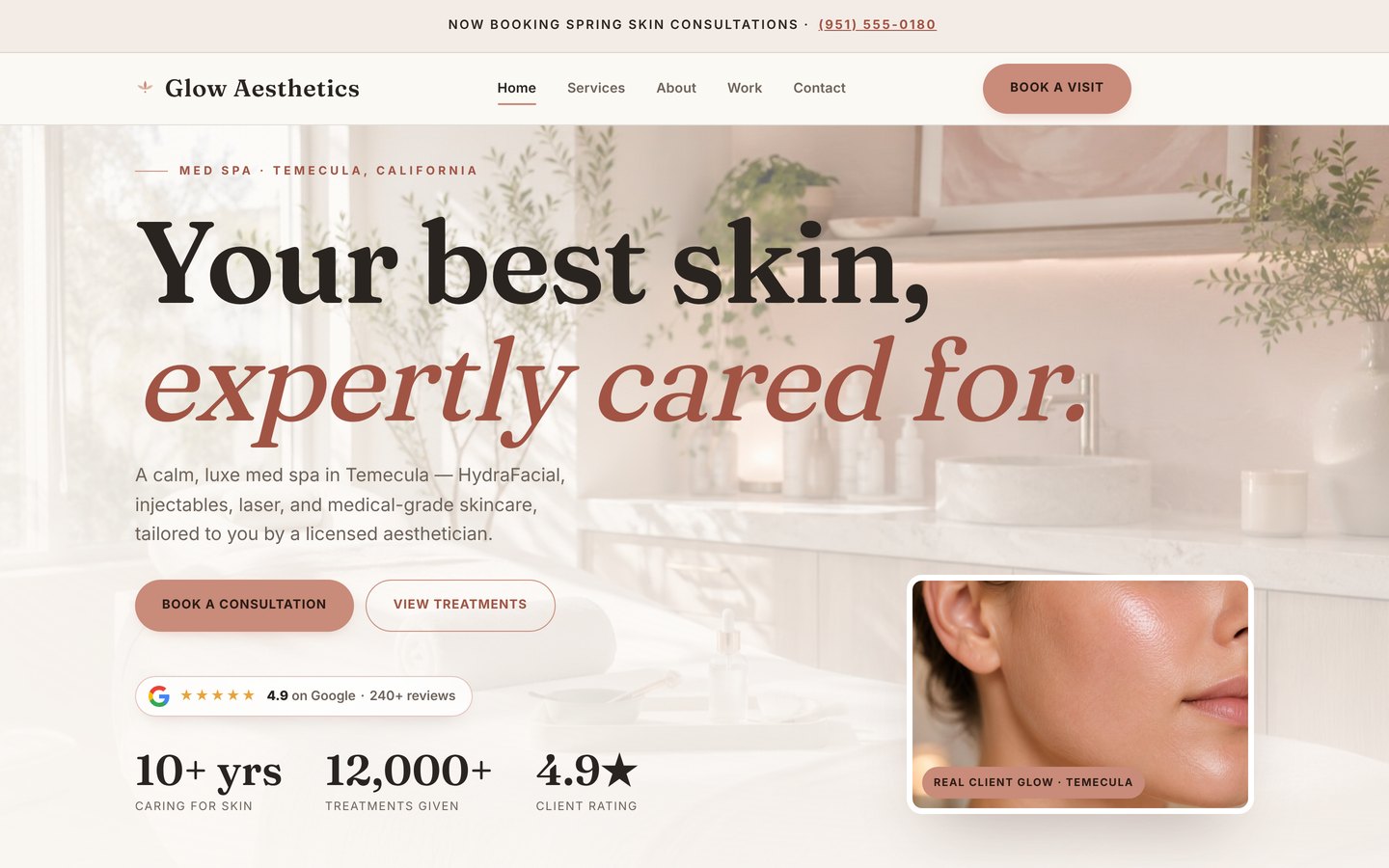 Homepage preview of the Glow Aesthetics med spa five-page website demo
