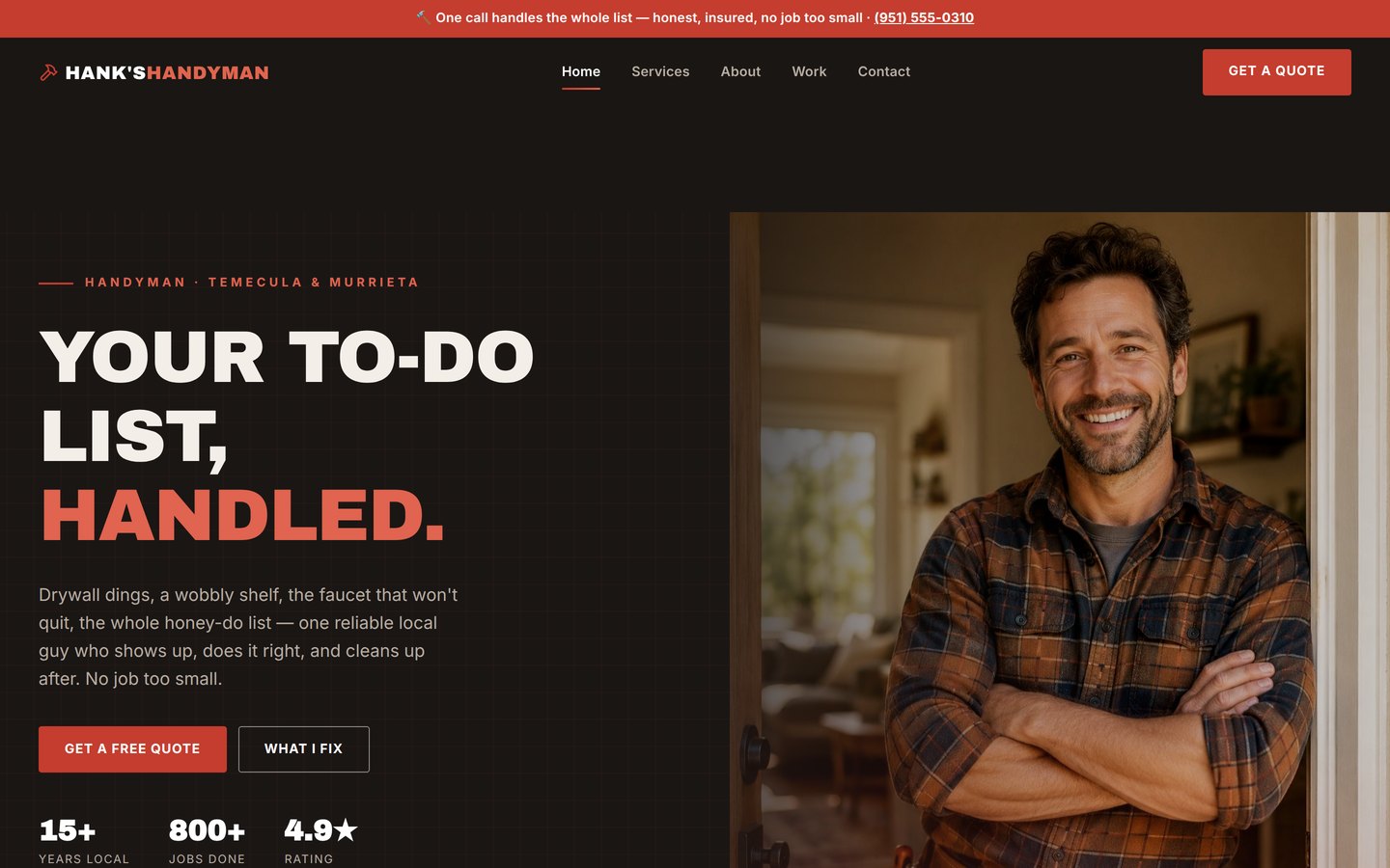Homepage preview of the Hank's Handyman five-page website demo
