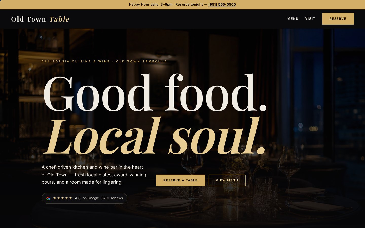Homepage preview of the Old Town Table restaurant website demo