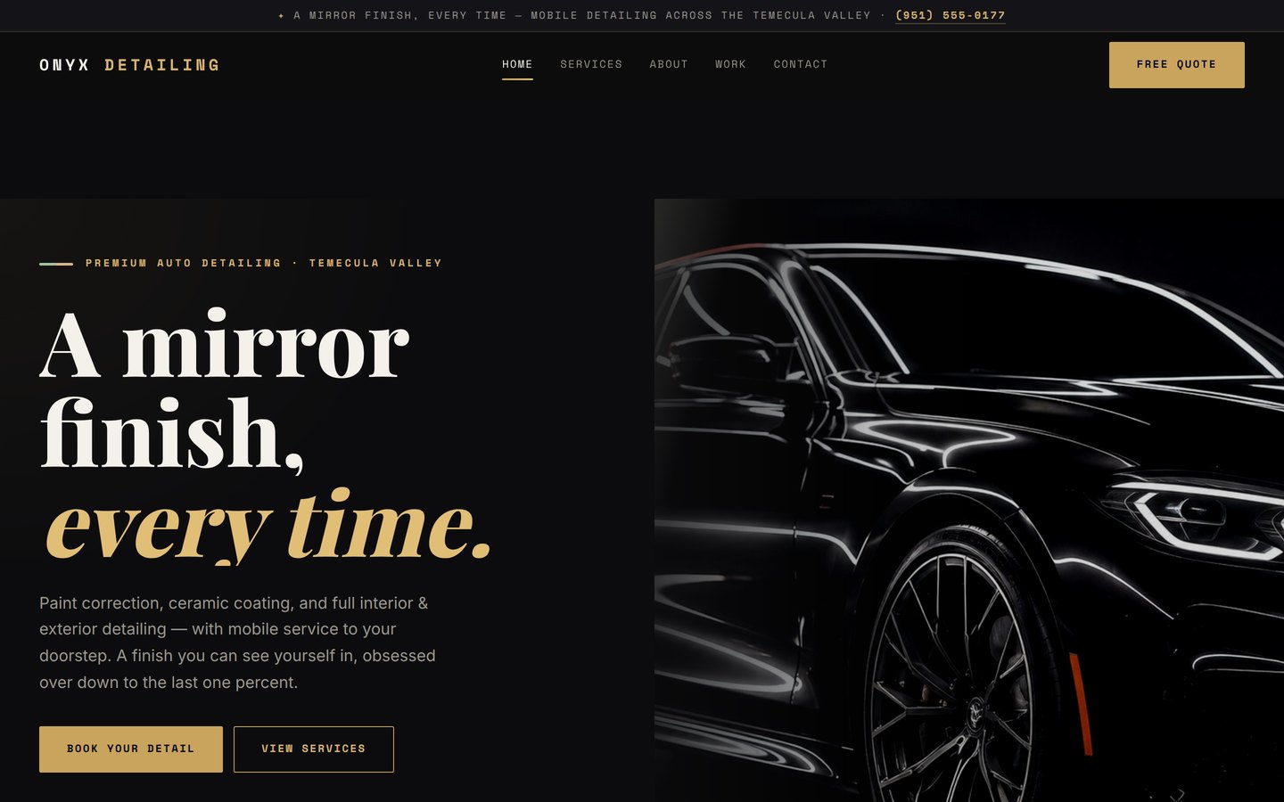 Homepage preview of the Onyx Detailing Co. five-page website demo