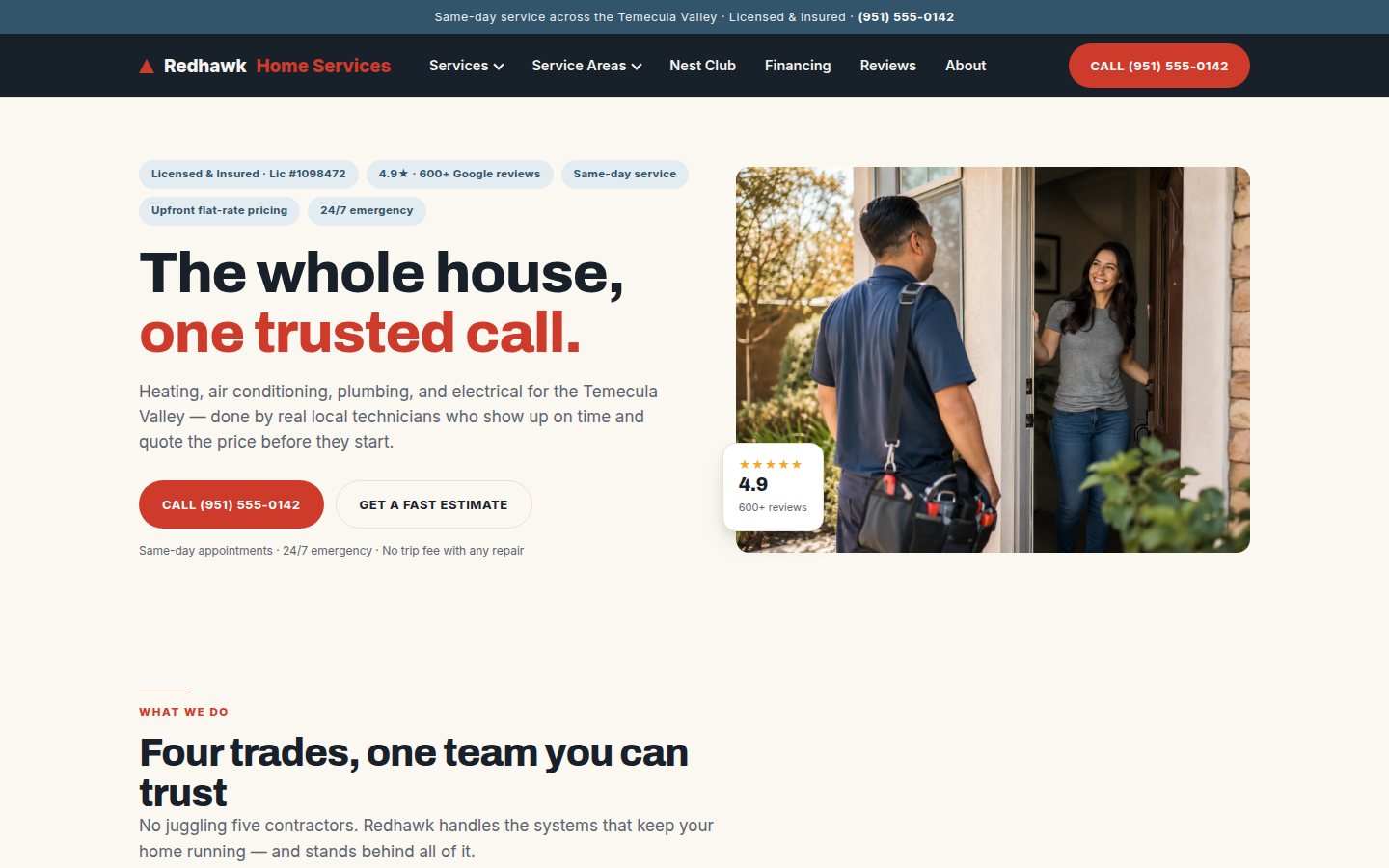 Homepage preview of the Redhawk Home Services twenty-page Enterprise website demo