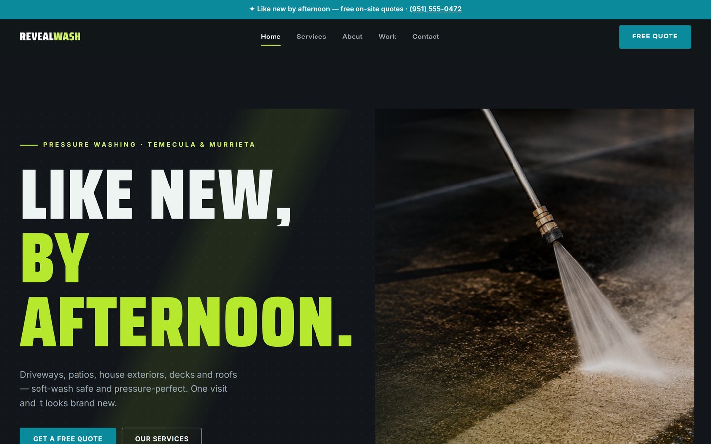 Homepage preview of the Reveal Pressure Washing five-page website demo