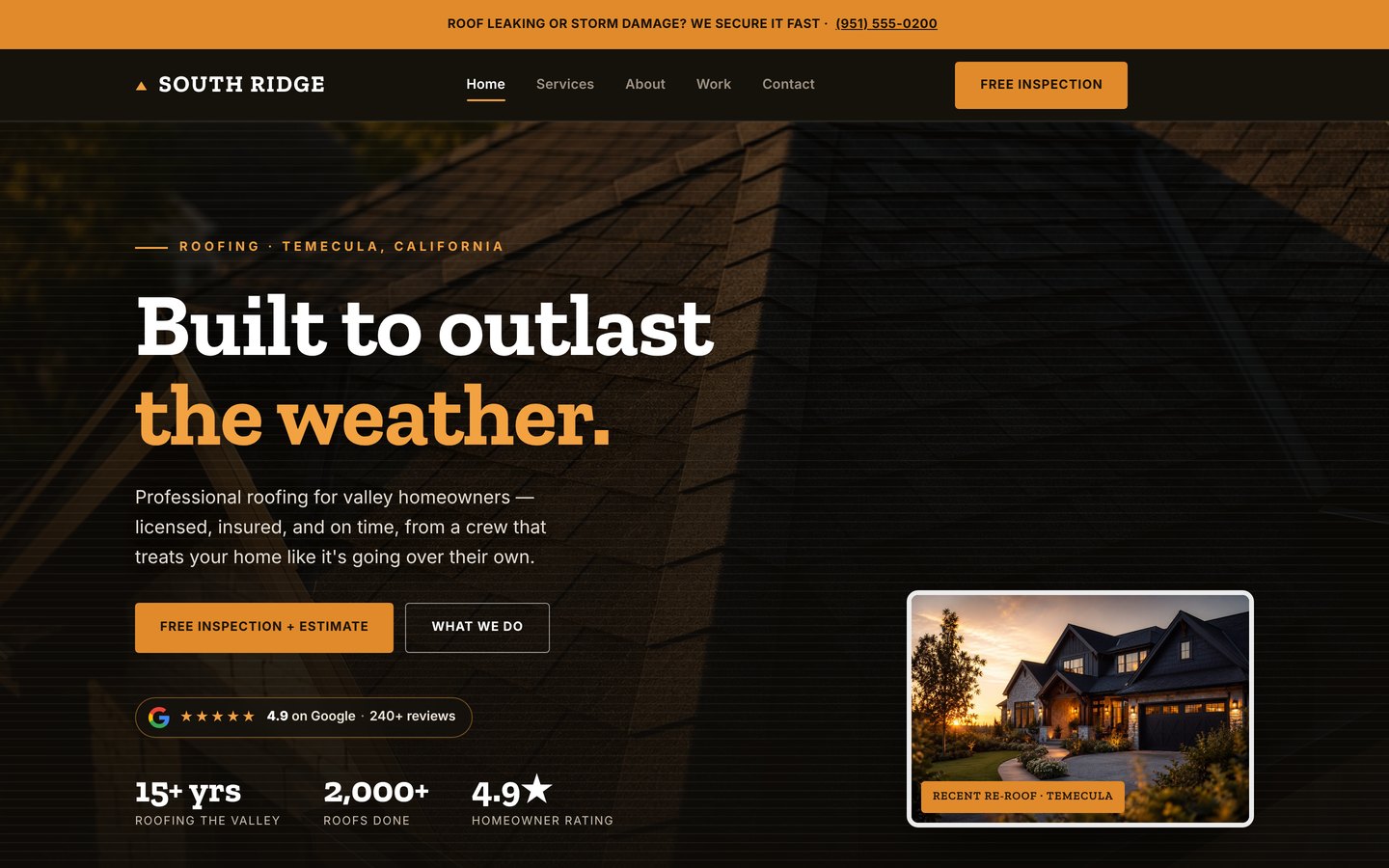 Homepage preview of the South Ridge Roofing five-page website demo